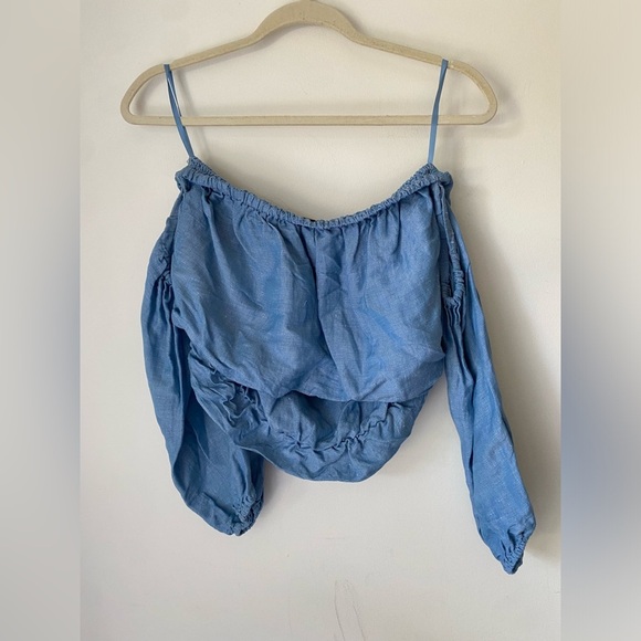 Free People Top Women’s Small In The Limelight Linen Blue Off-Shoulder Crop - Picture 3 of 10